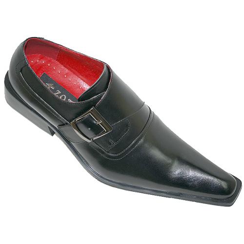 Zota Black Pointed Toe Leather Shoes With Monk Strap & Buckle 7073